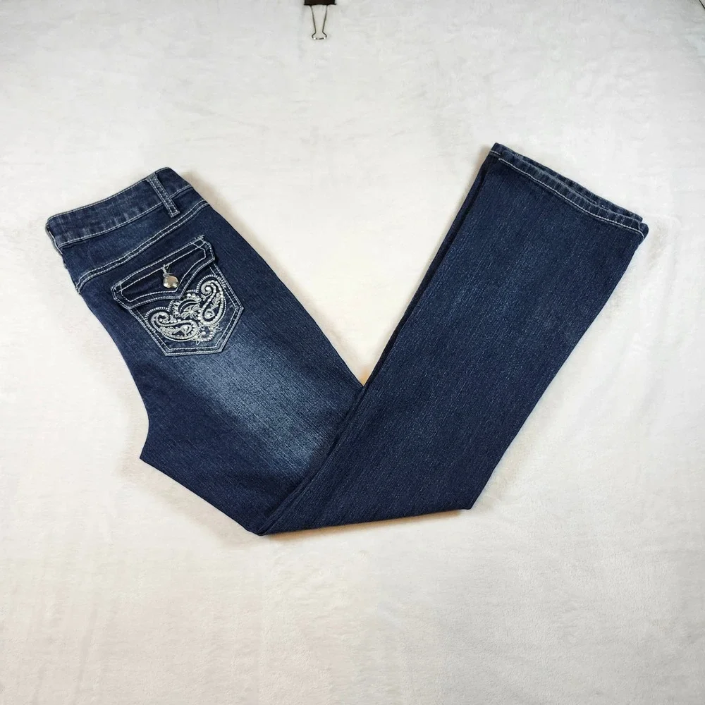 One 5one Bootcut Jeans Women 8 Dark Wash Blue Excellent Embroidered Rhinestone - Picture 14 of 15